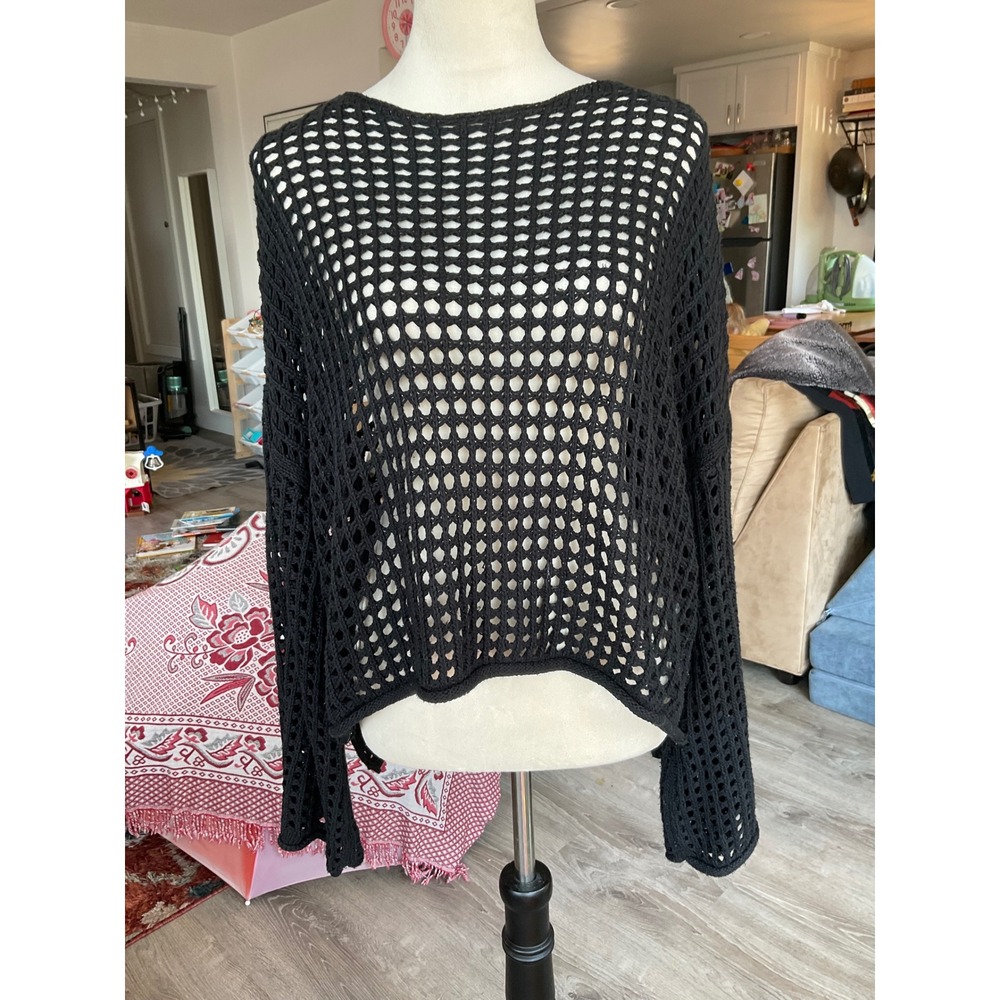 Better Be Black Open Knit Crochet Sweater Bell Sleeve High Low Womens M Boho